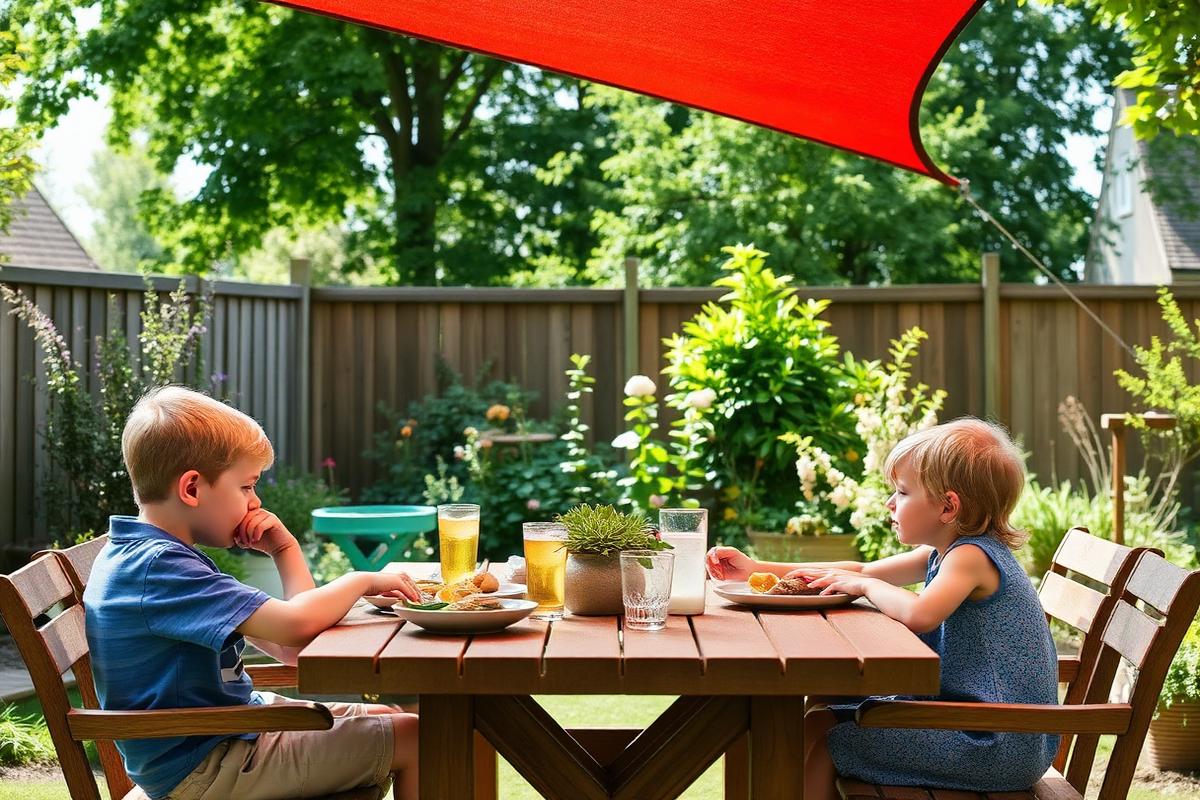 Children eating lunch at a garden table under a rust red triangular shade sail